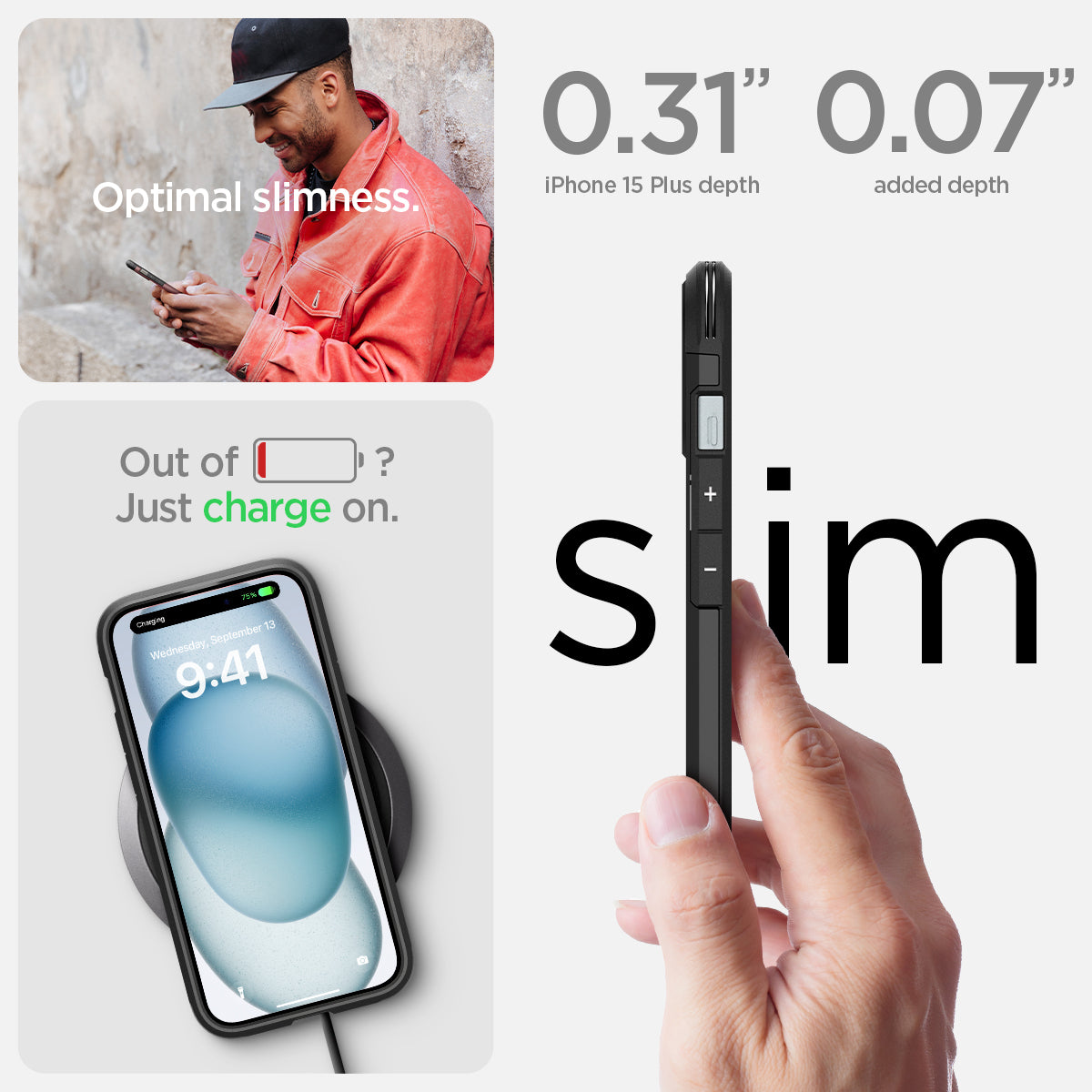 ACS06669 - iPhone 15 Plus Case Tough Armor (MagFit) in black optimal slimess. out of battery? just charge on. 0.31" iPhone 16 plus depth, 0.07" added depth. slim.