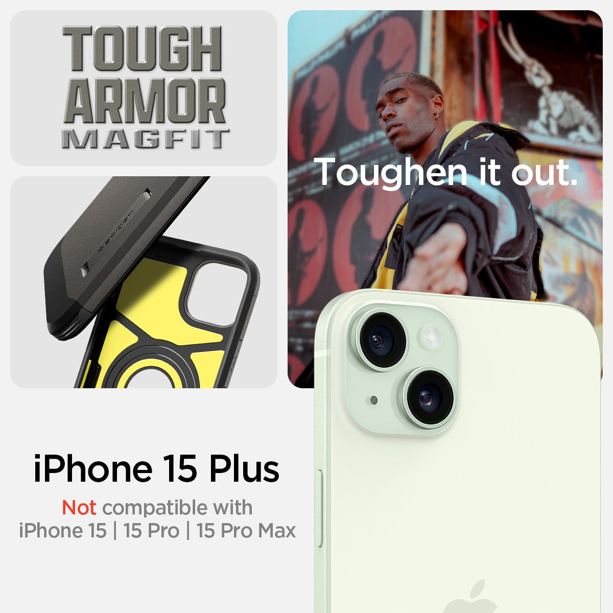 ACS06668 - iPhone 15 Plus Case Tough Armor (MagFit) in gunmetal tough armor magfit. toughen it out. iPhone 15 plus. Not compatible with iPhone 15, 15 pro, 15 pro max.