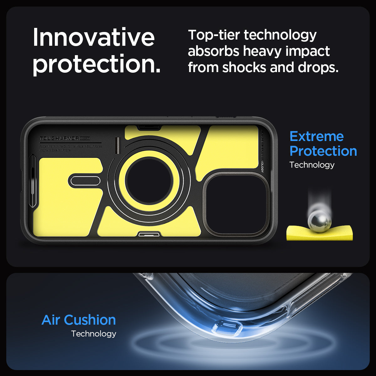 ACS06733 - iPhone 15 Pro Case Tough Armor (MagFit) in black innovative protection. top tier technology absorbs heavy impact from shocks and drops. Extreme protection technology. Air cushion technology.