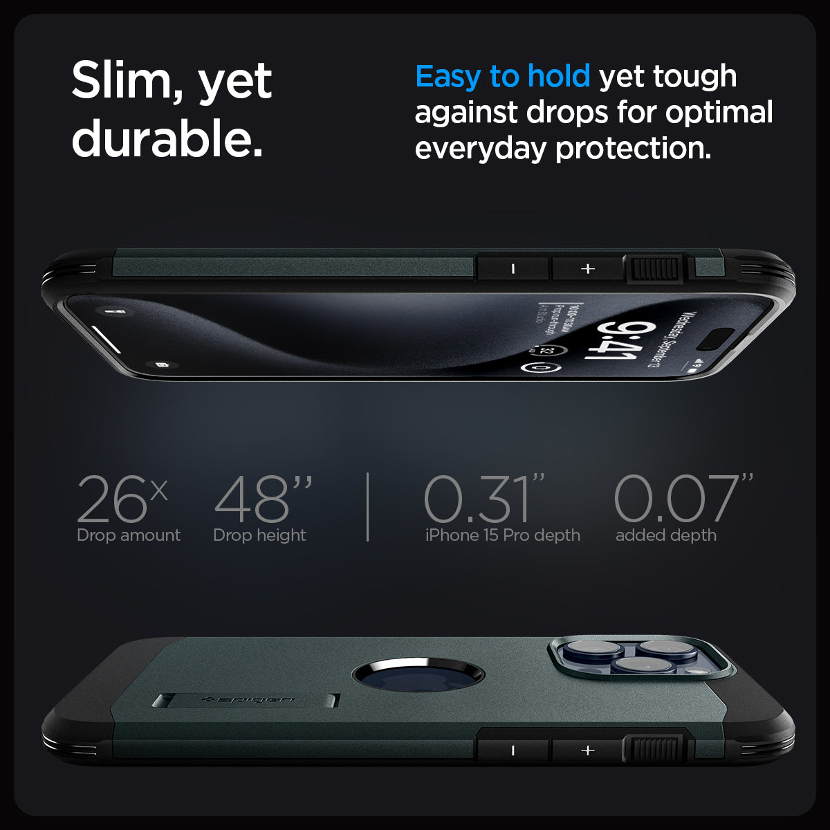 ACS06735 - iPhone 15 Pro Case Tough Armor (MagFit) in abyss green slim yet durable. easy to hold yet tough against drops for optimal everyday protection
