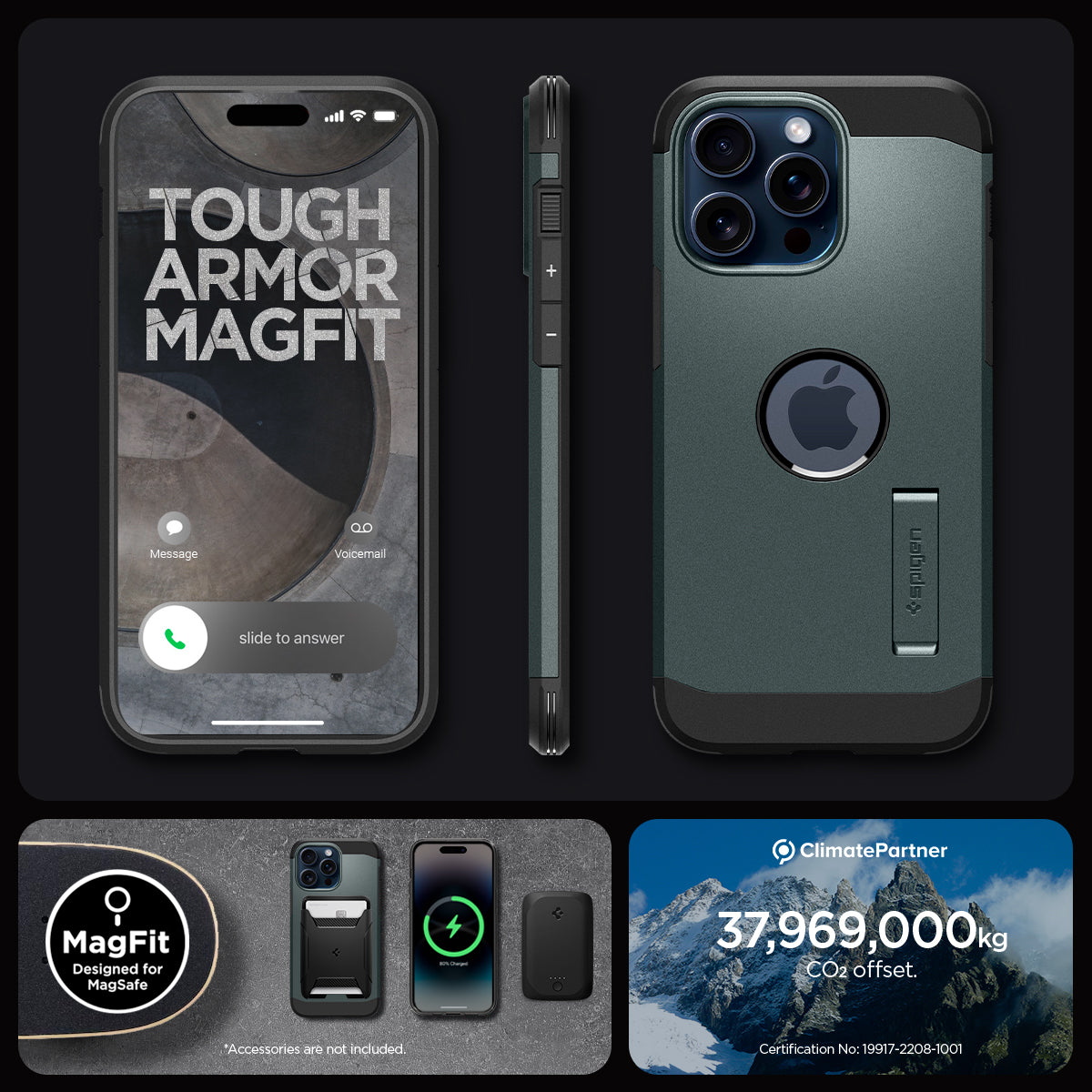 ACS06735 - iPhone 15 Pro Case Tough Armor (MagFit) in abyss green tough armor magfit. designed for magsafe. 37,969,000kg CO2 offset.