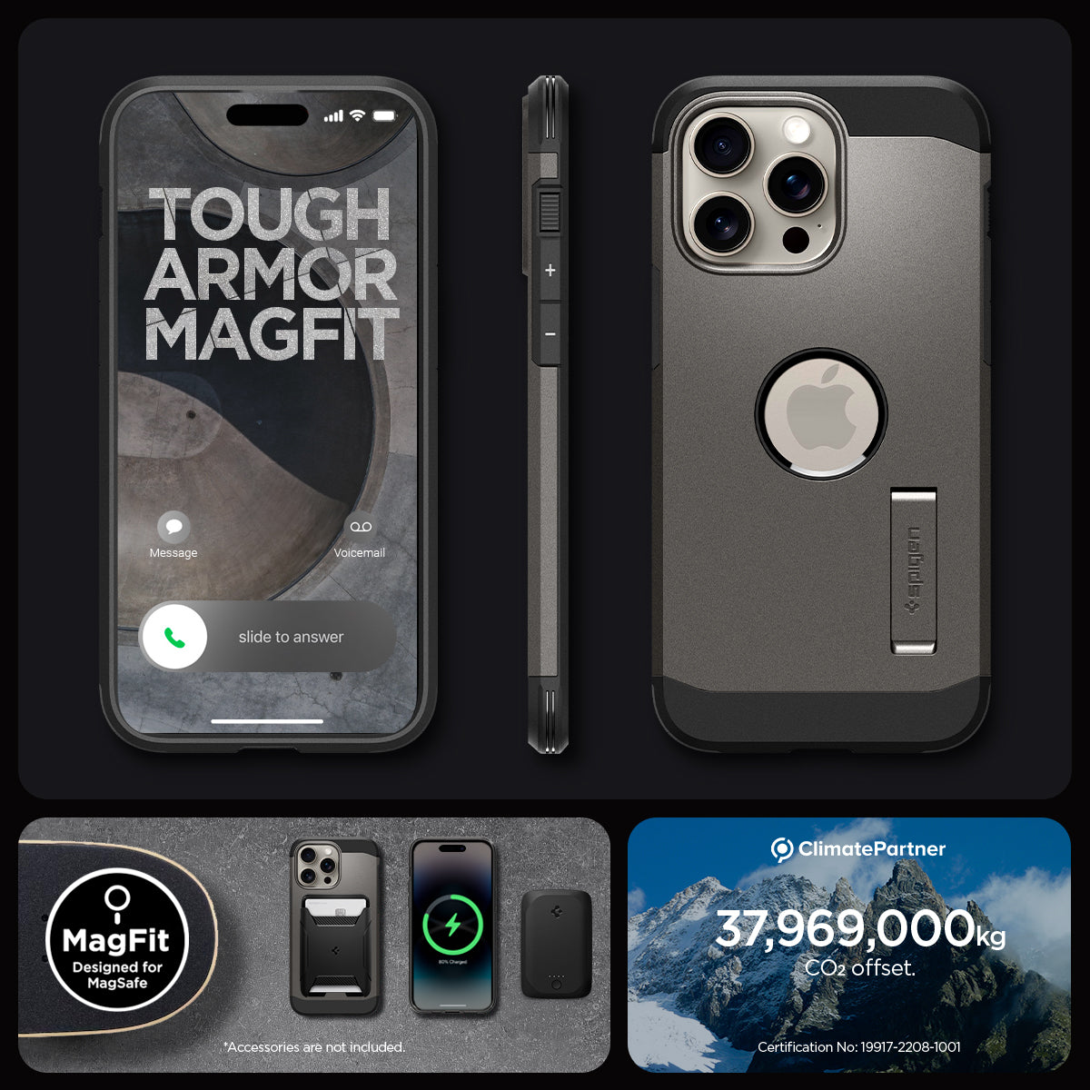 ACS06732 - iPhone 15 Pro Case Tough Armor (MagFit) in gunmetal tough armor magfit. designed for magsafe. 37,969,000kg CO2 offset.