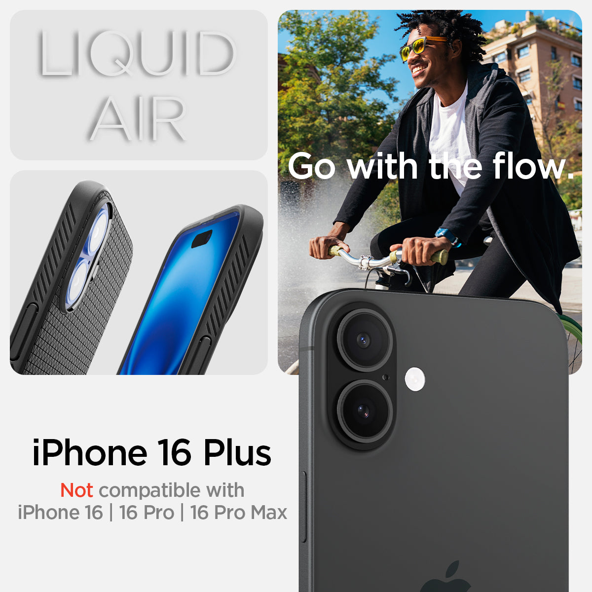 ACS08066 - iPhone 16 Plus Case Liquid Air in Matte Black showing the compatibility only with iPhone 16 Plu. Not compatible with iPhone 16 | 16 Pro |16 Pro Max