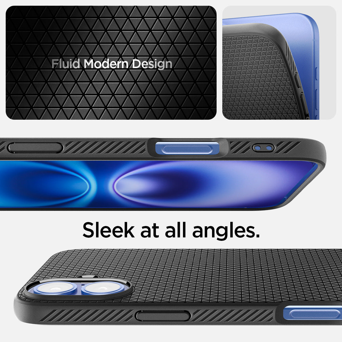 ACS08066 - iPhone 16 Plus Case Liquid Air in Matte Black showing the fluid modern design. Sleek at all angles