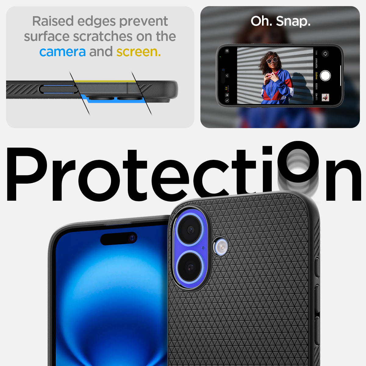 ACS08066 - iPhone 16 Plus Case Liquid Air in Matte Black showing the raised edges prevent surface scratches on the cameraand screen