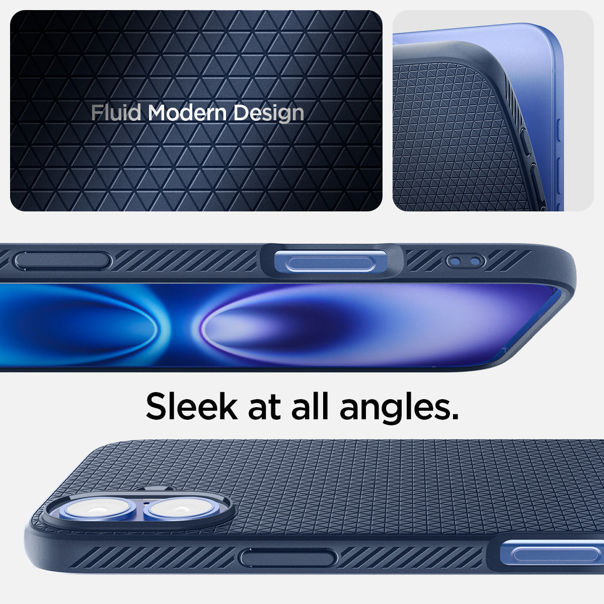 ACS08067 - iPhone 16 Plus Case Liquid Air in Navy Blue showing the fluid modern design. Sleek at all angles