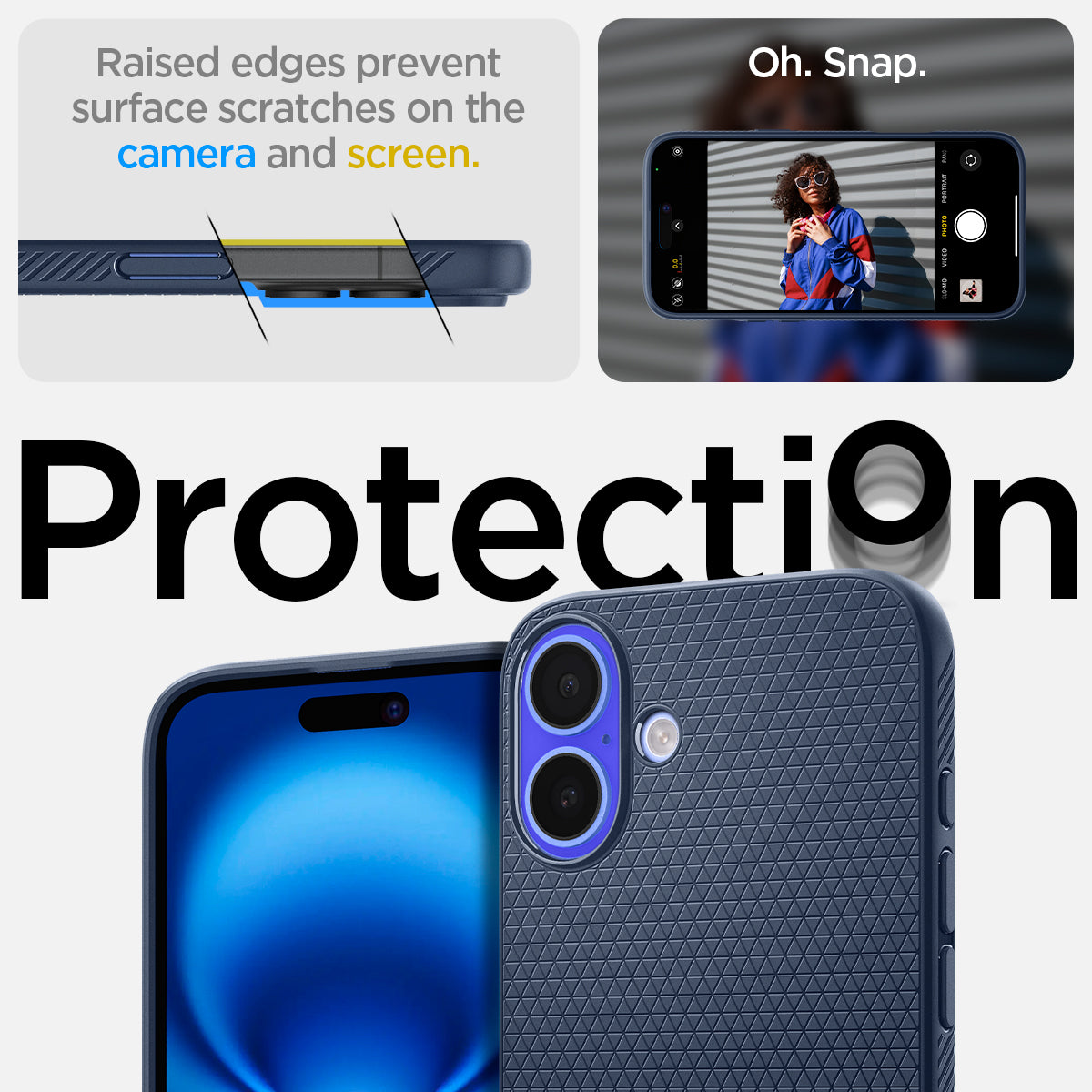 ACS08067 - iPhone 16 Plus Case Liquid Air in Navy Blue showing the raised edges prevent surface scratches on the camera and screen