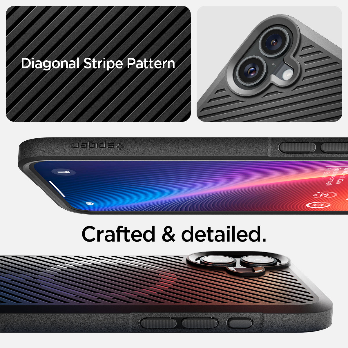 ACS08221 - iPhone 16 Case Core Armor (MagFit) in Matte Black showing the diagonal stripe pattern. Crafted and detailed