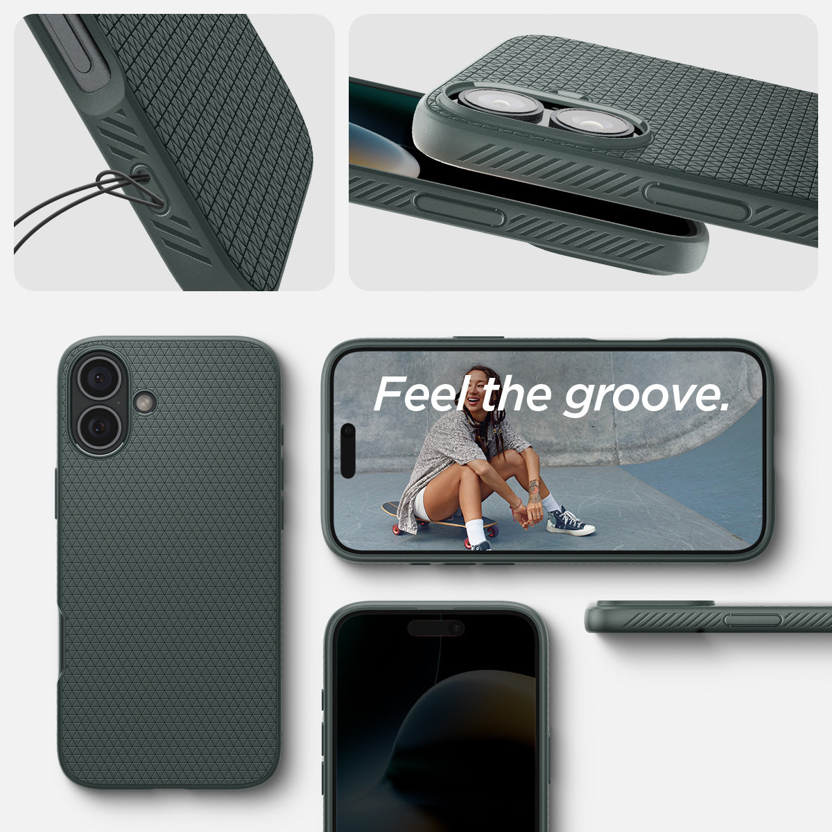 ACS08196 - iPhone 16 Case Liquid Air in Abyss Green showing the different angles