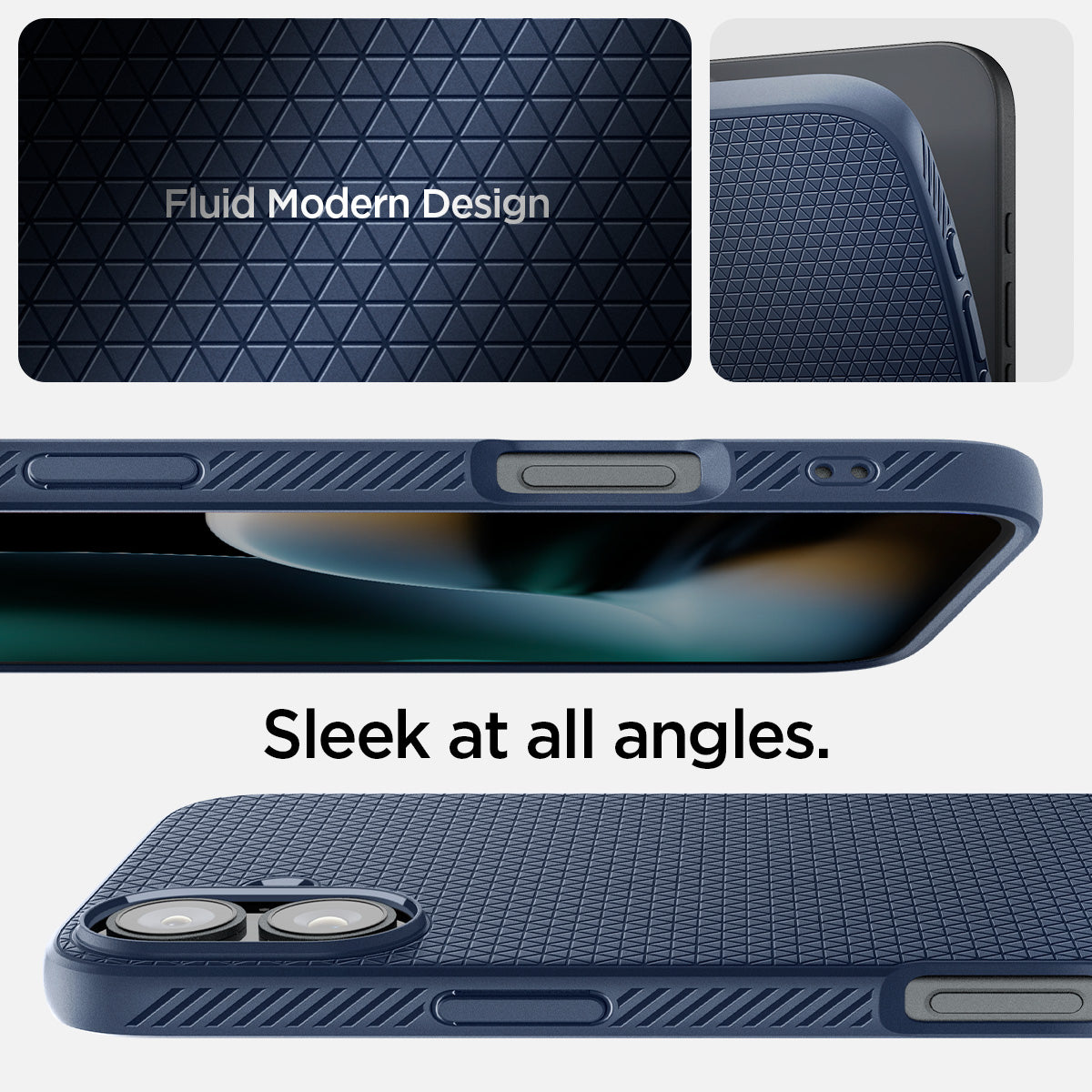 ACS08195 - iPhone 16 Case Liquid Air in Navy Blue showing the fluid modern design. Sleek at all angles