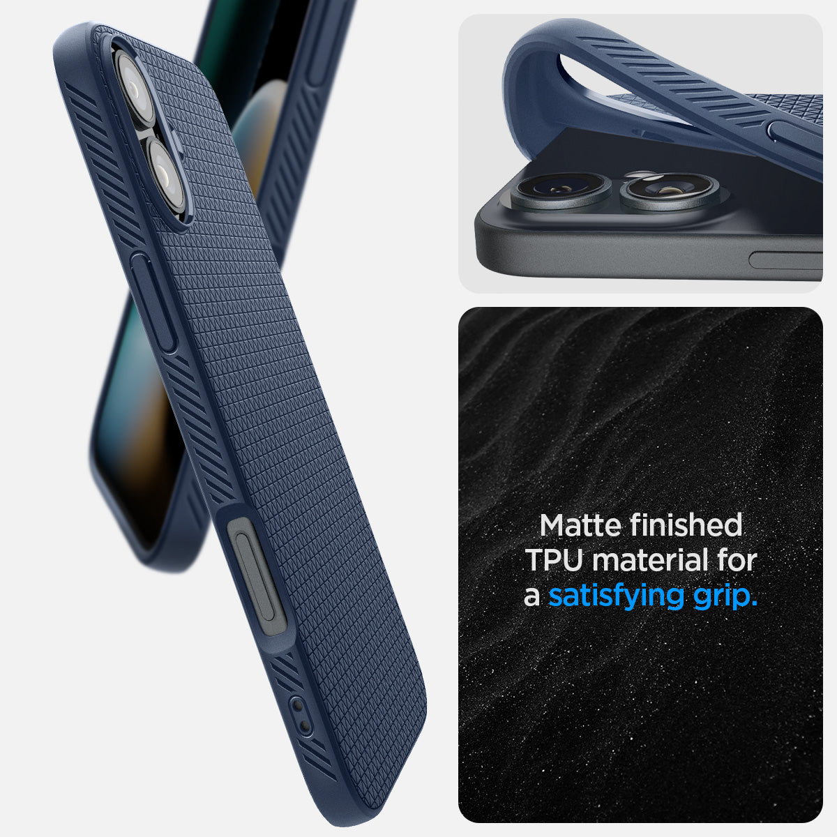ACS08195 - iPhone 16 Case Liquid Air in Navy Blue showing the matte finished TPU material for a satisfying grip