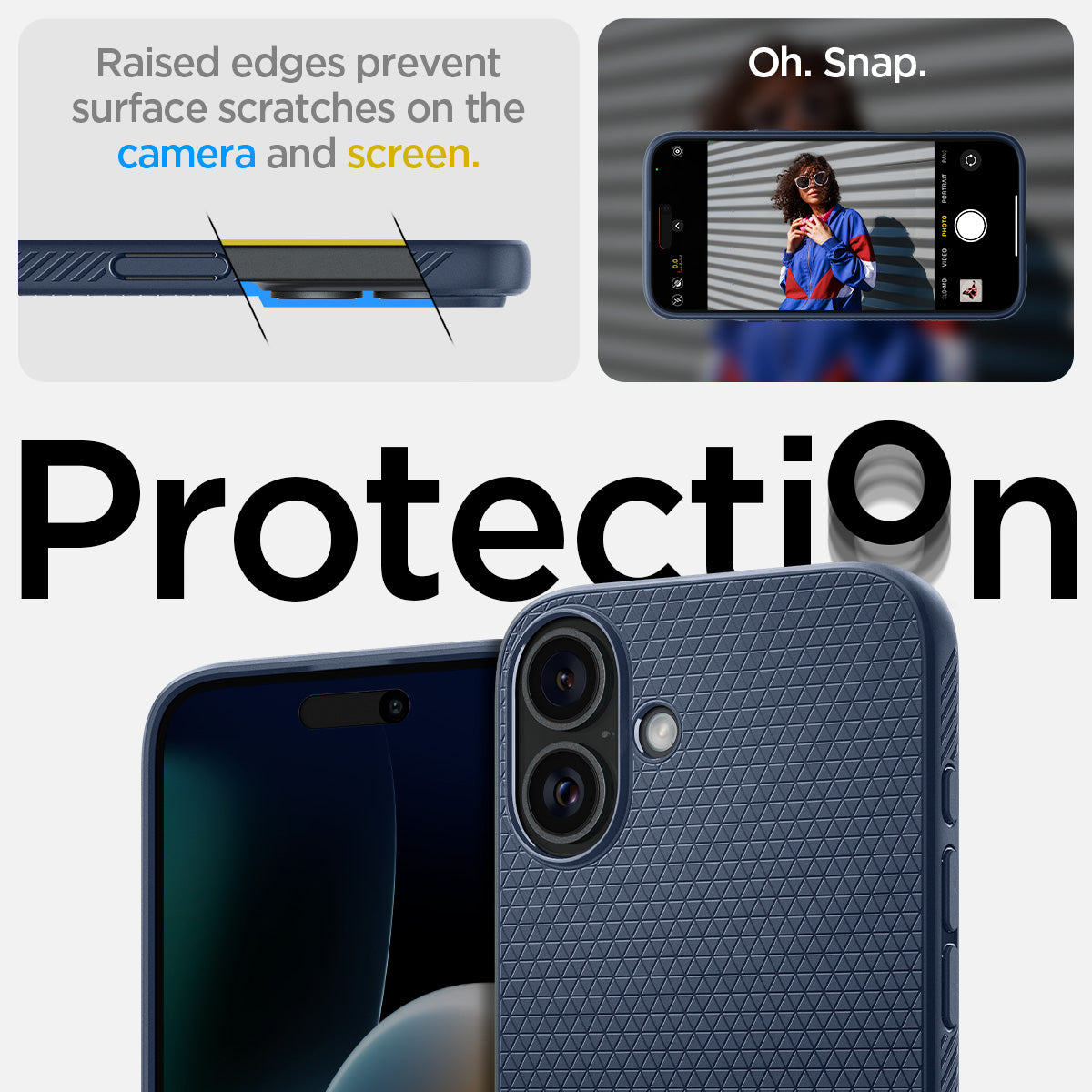 ACS08195 - iPhone 16 Case Liquid Air in Navy Blue showing the raised edges prevent surface scratches on the camera and screen