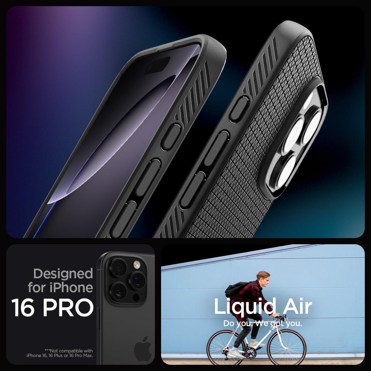 ACS08117 - iPhone 16 Pro Case Liquid Air in Matte Black showing the compatibility designed for iPhone 16 Pro. Not compatible with iPhone 16, 16 Plus or 16 Pro Max