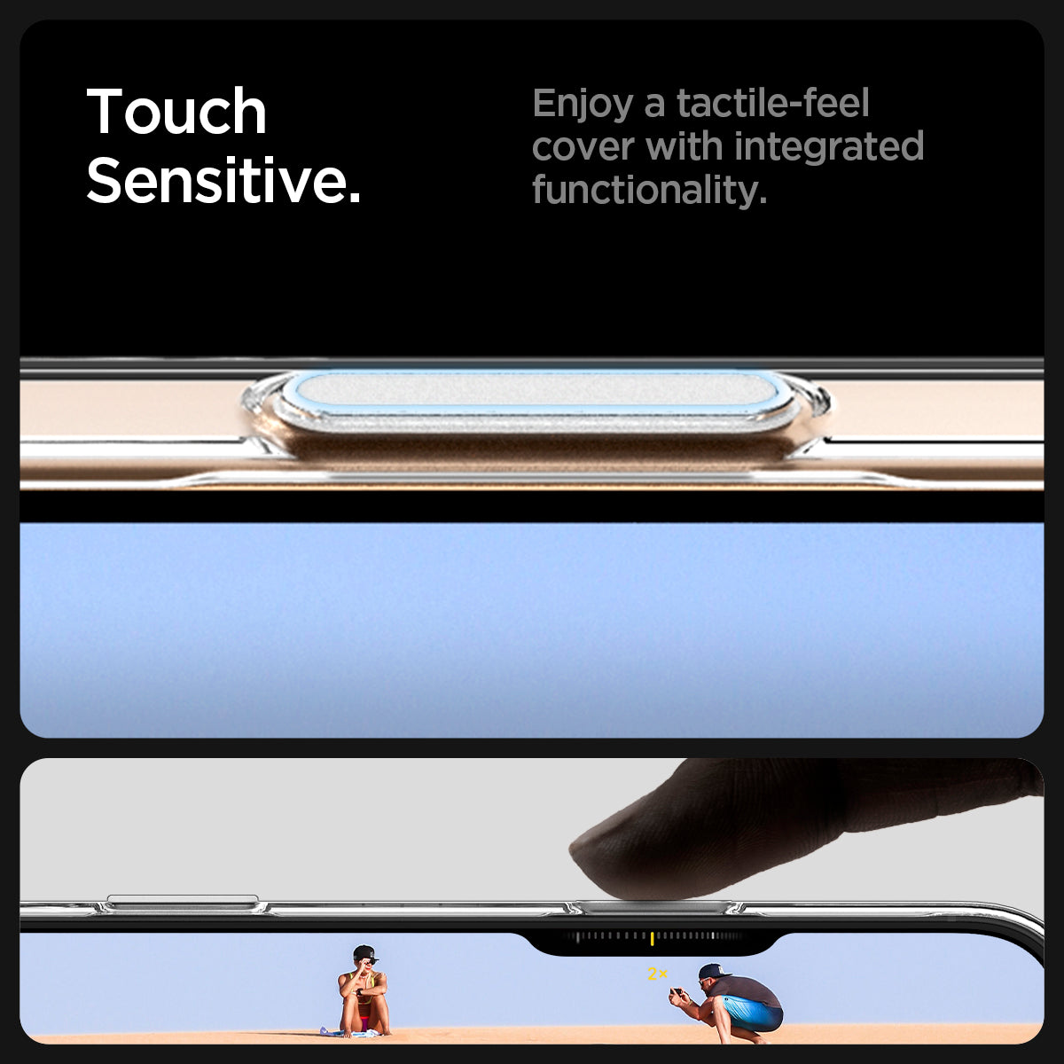 ACS09315 - iPhone 16 Pro Max Case Thin Fit T (MagFit) in clear showing the touch sensitive features