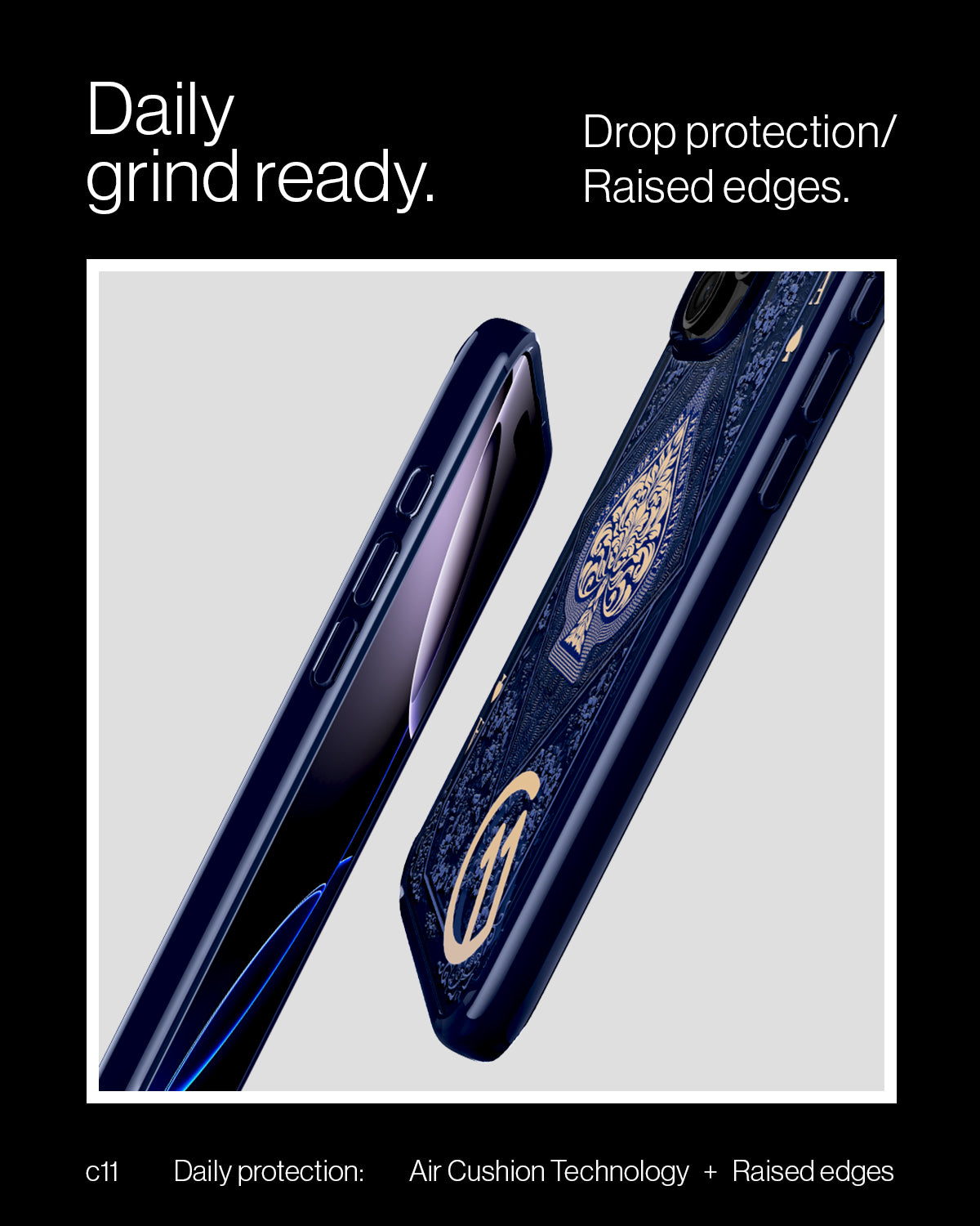 ACS09319 - iPhone 16 Pro Max Case c11 Series Fearless Edition (MagFit) in Fearless showing the daily grind ready. Drop protection/raised edges. Daily protection: Air Cushion Technology + Raised edges