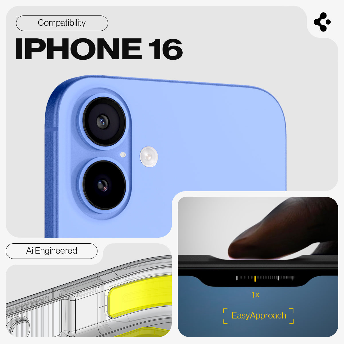 ACS08386 - iPhone 16 Case Tough Armor AI in Black showing the compatibility only with iPhone 16. Ai Engineered, with EasyApproach feature