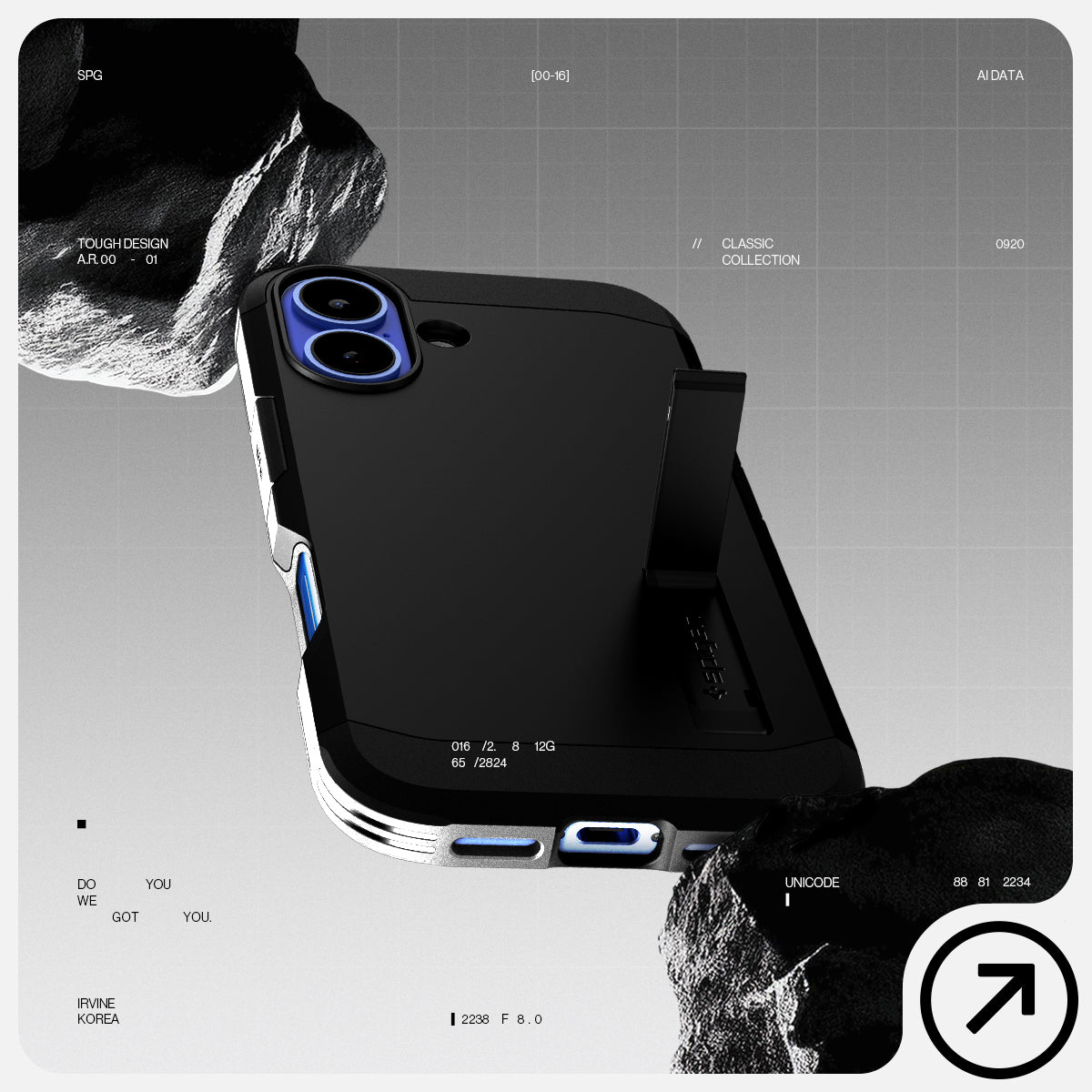 ACS08386 - iPhone 16 Case Tough Armor AI in Black showing the back, partial side and bottom, built-in kickstand propped up