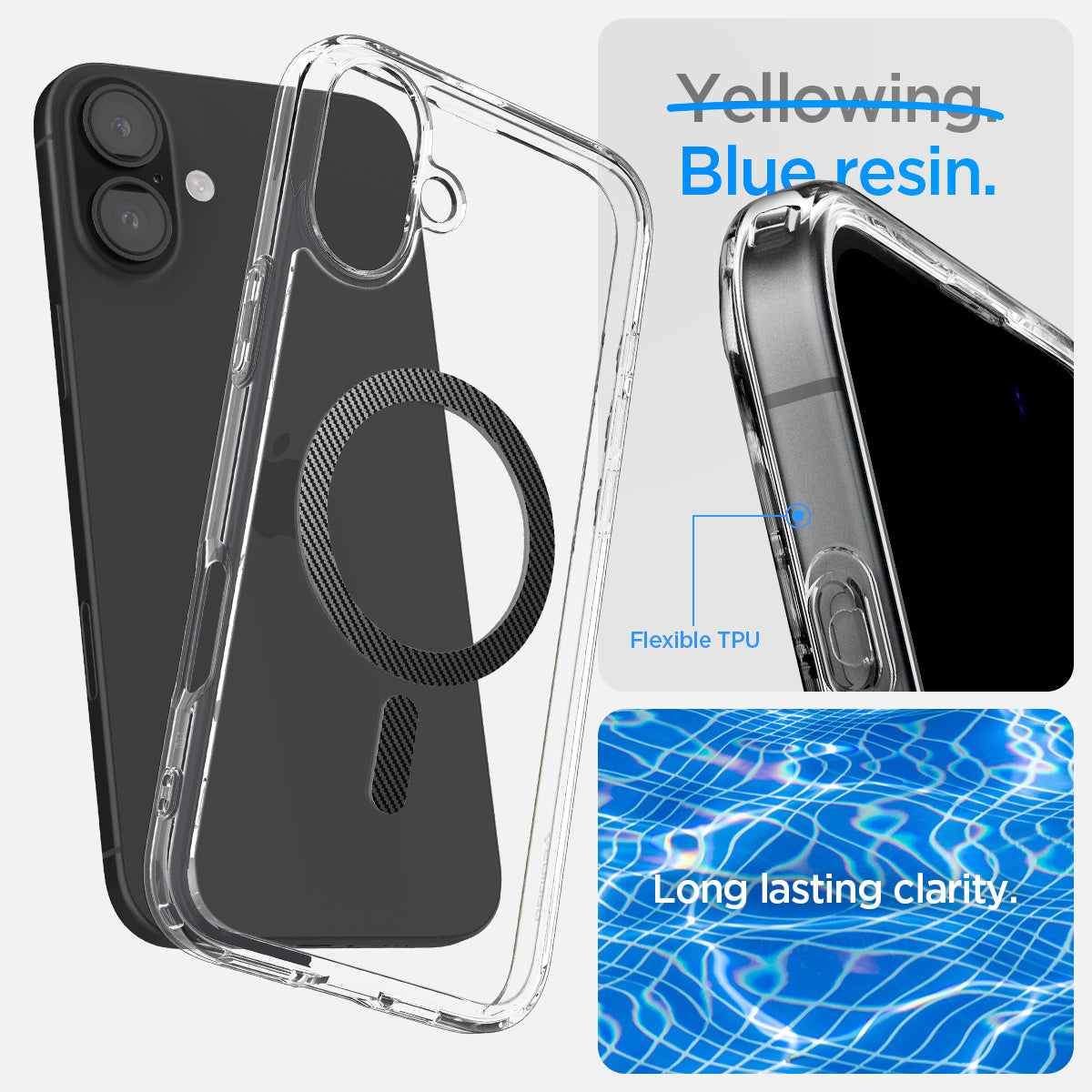 ACS08207 - iPhone 16 Case Ultra Hybrid (MagFit) in Carbon Fiber blue resin. Flexible TPU. long lasting clarity.