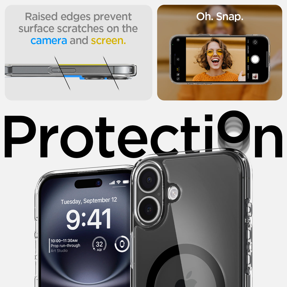 ACS08076 - iPhone 16 Plus Case Ultra Hybrid (MagFit) in Black raised edges prevent surface scratches on the camera and screen. Oh snap. Protection.