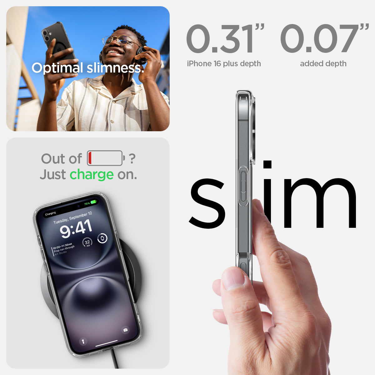 ACS08076 - iPhone 16 Plus Case Ultra Hybrid (MagFit) in Black optimal slimness. Out of battery? Just charge on. 0.31" and 0.07" slim.