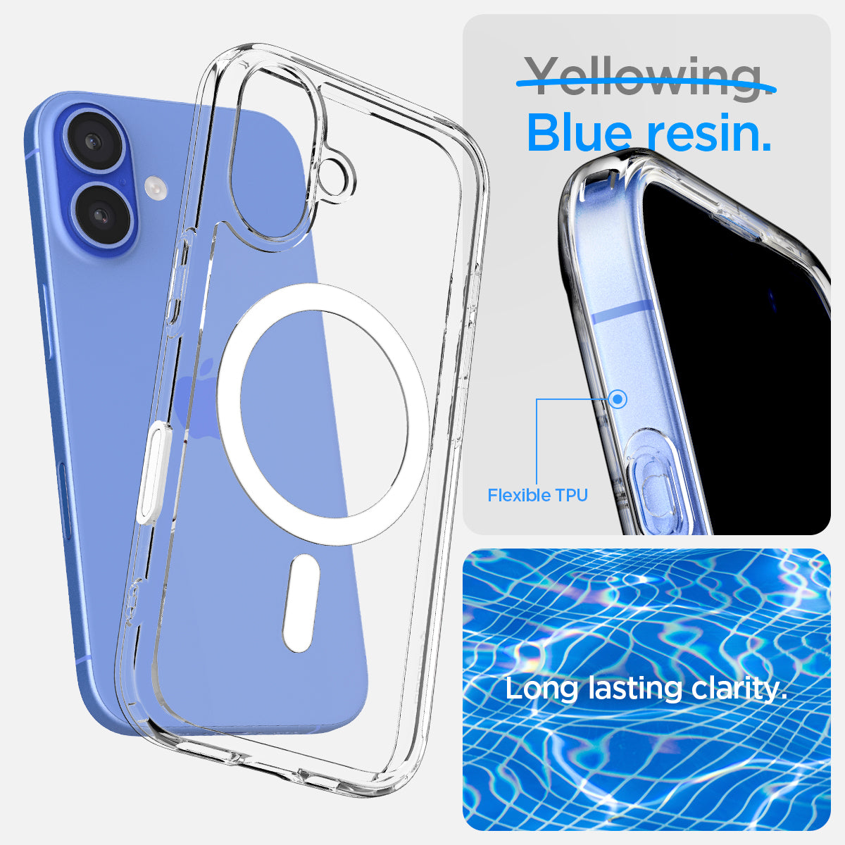 ACS09073 - iPhone 16 Case Ultra Hybrid T (MagFit + Camera Control) in White showing infused with blue resin for long lasting clarity