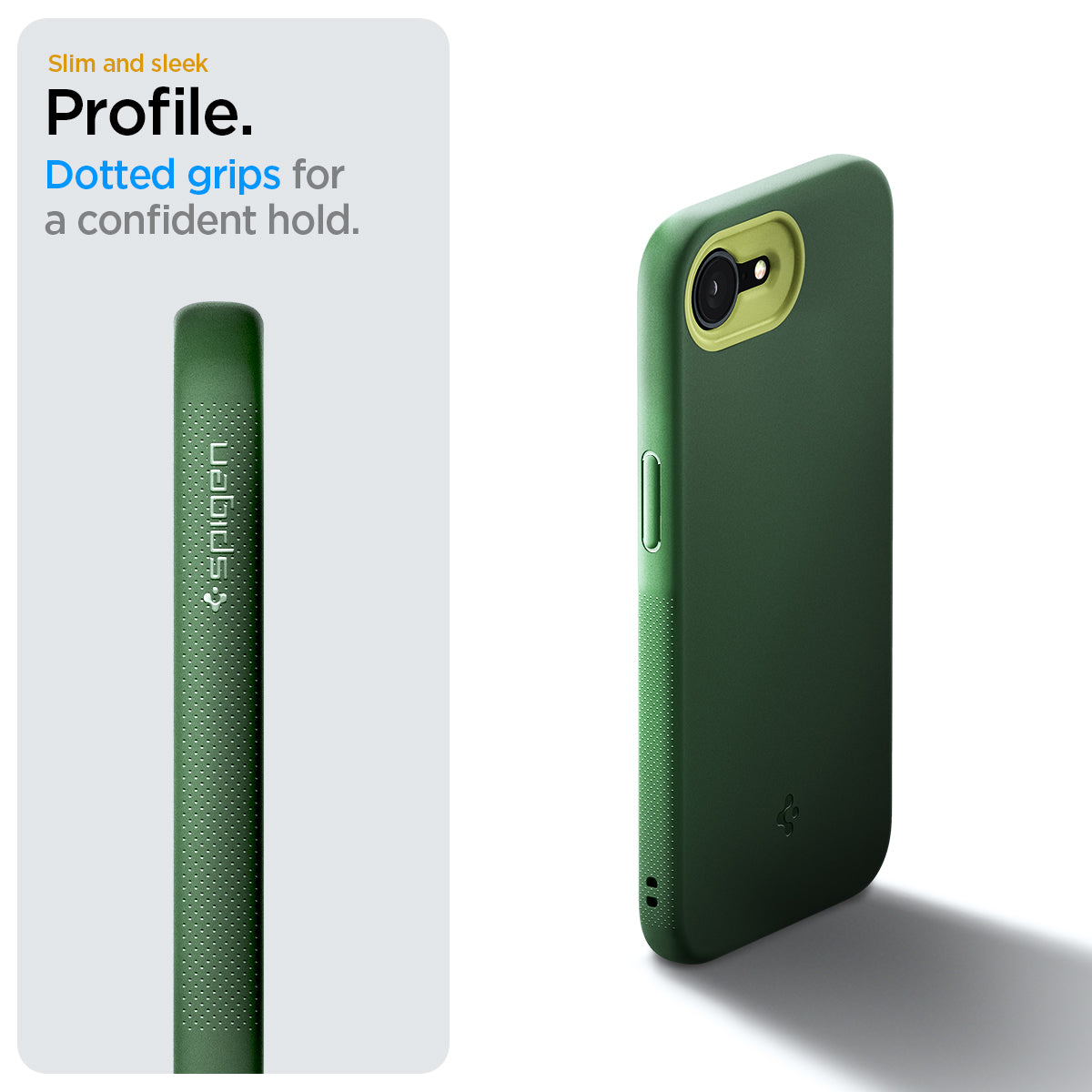 ACS09157 - iPhone 16e Case Nano Pop (MagFit) in Avo Green showing the slim and sleek profile. Dotted grips for a confident hold
