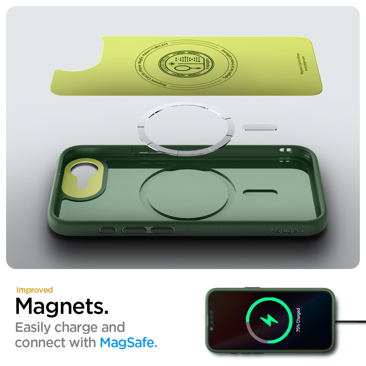 ACS09157 - iPhone 16e Case Nano Pop (MagFit) in Avo Green showing the Magnets Easily charge and connect with MagSafe