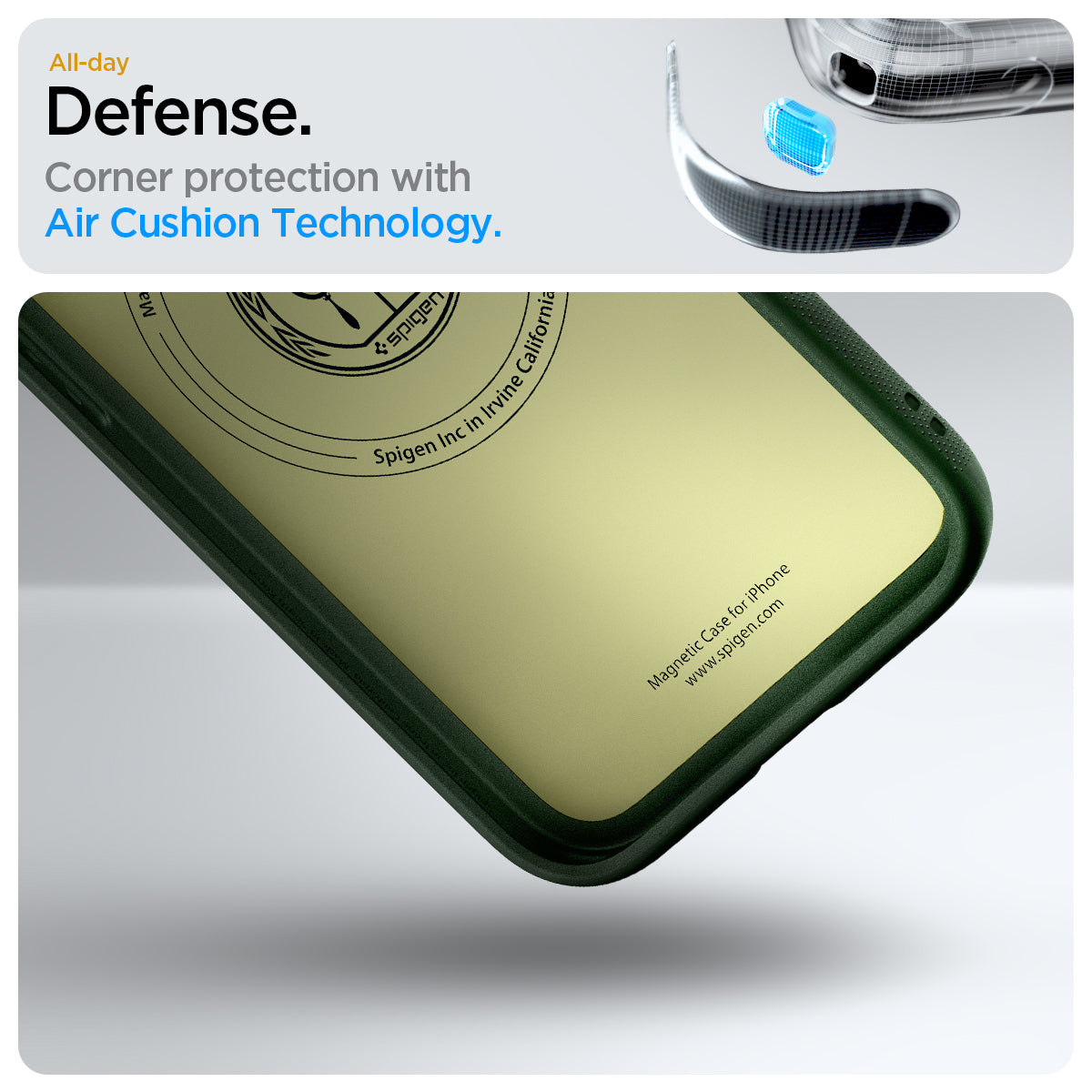 ACS09157 - iPhone 17e Case Nano Pop (MagFit) in Avo Green showing the all-day defense. Corner protection with Air Cushion Technology