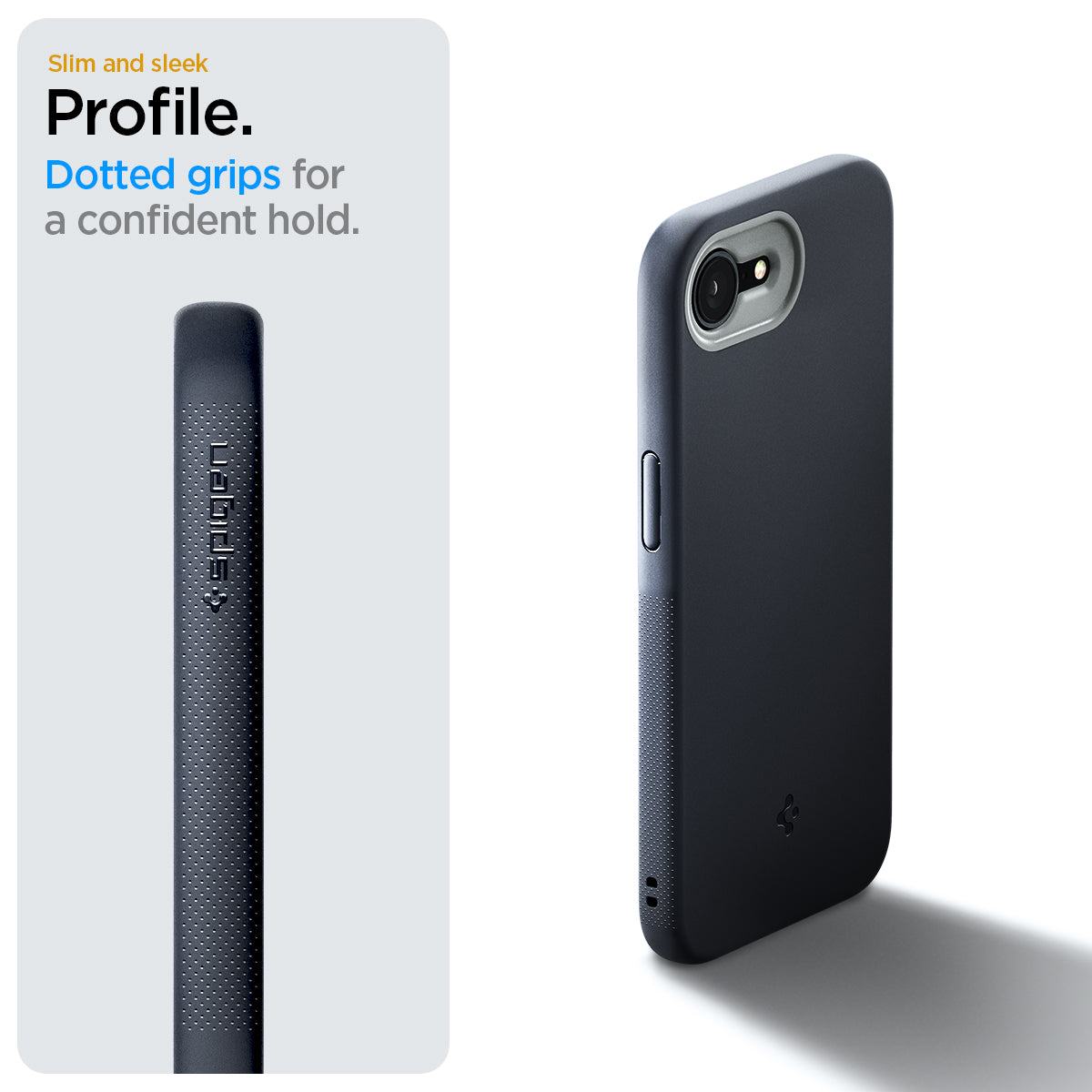 ACS09155 - iPhone 16e Case Nano Pop (MagFit) in Black Sesame showing the slim and sleek profile. Dotted grips for a confident hold