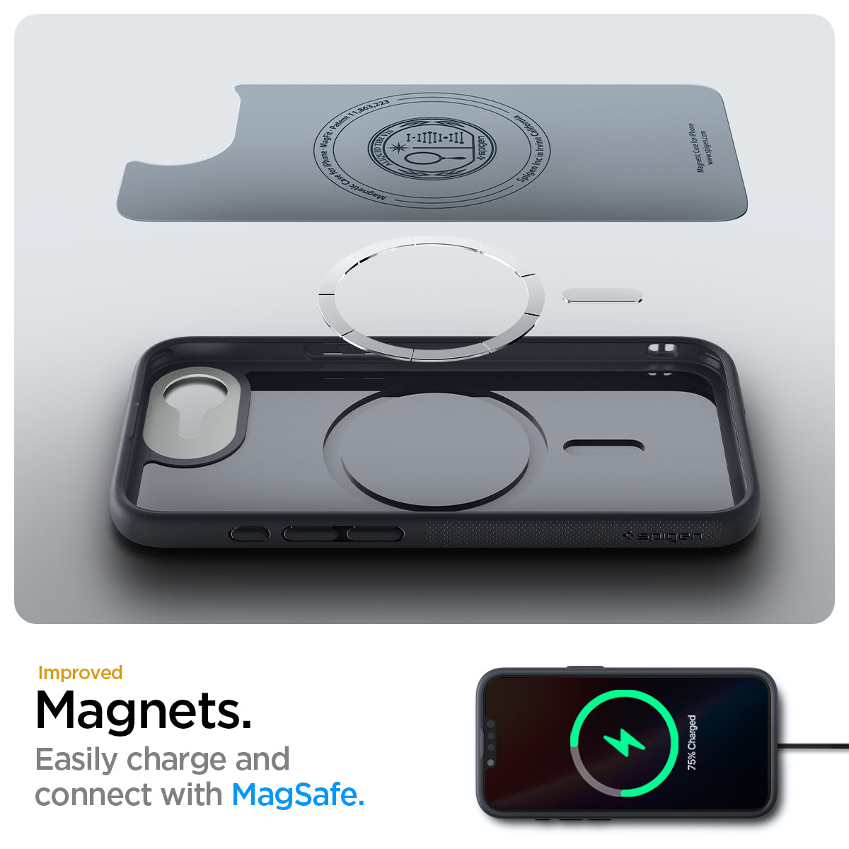 ACS09155 - iPhone 16e Case Nano Pop (MagFit) in Black Sesame showing the Magnets Easily charge and connect with MagSafe