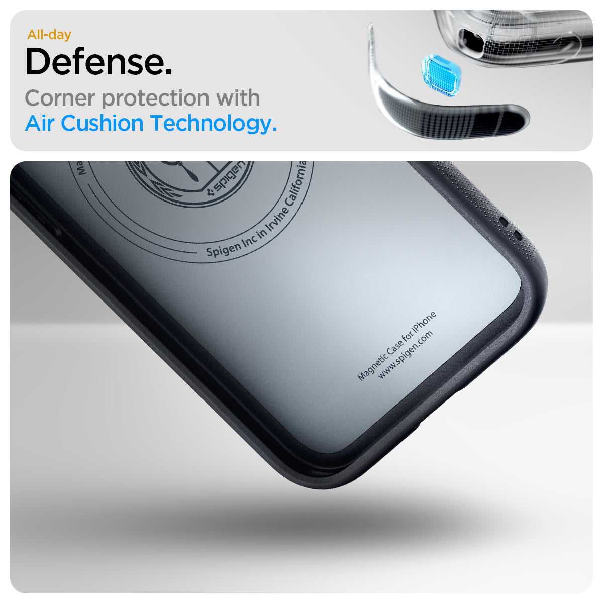 ACS09155 - iPhone 17e Case Nano Pop (MagFit) in Black Sesame showing the all-day defense. Corner protection with Air Cushion Technology