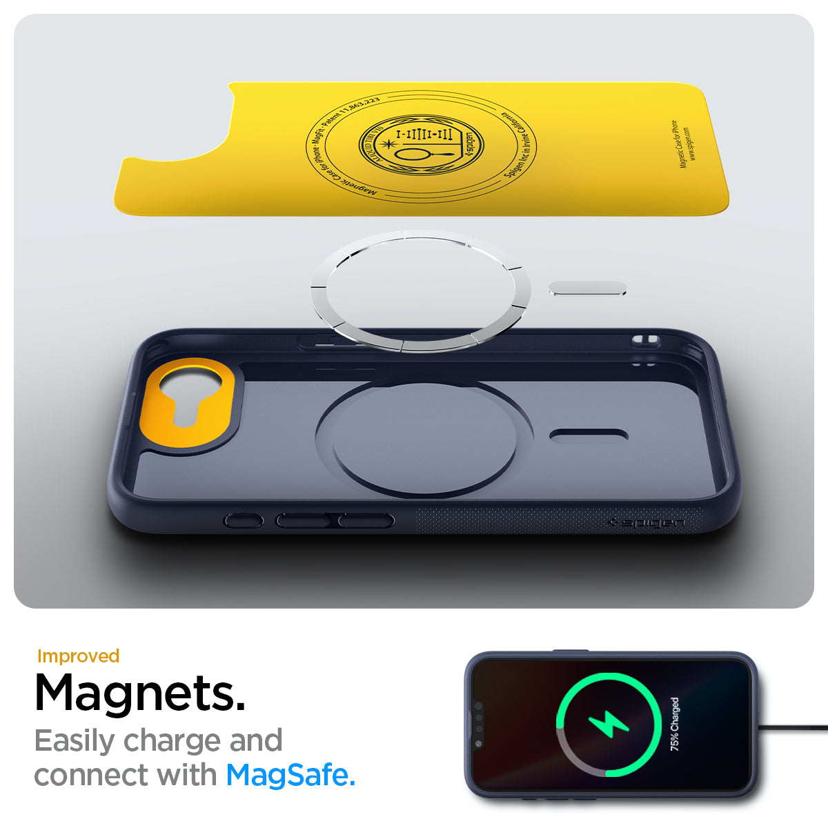 ACS09154 - iPhone 16e Case Nano Pop (MagFit) in Blueberry Navy showing the Magnets Easily charge and connect with MagSafe