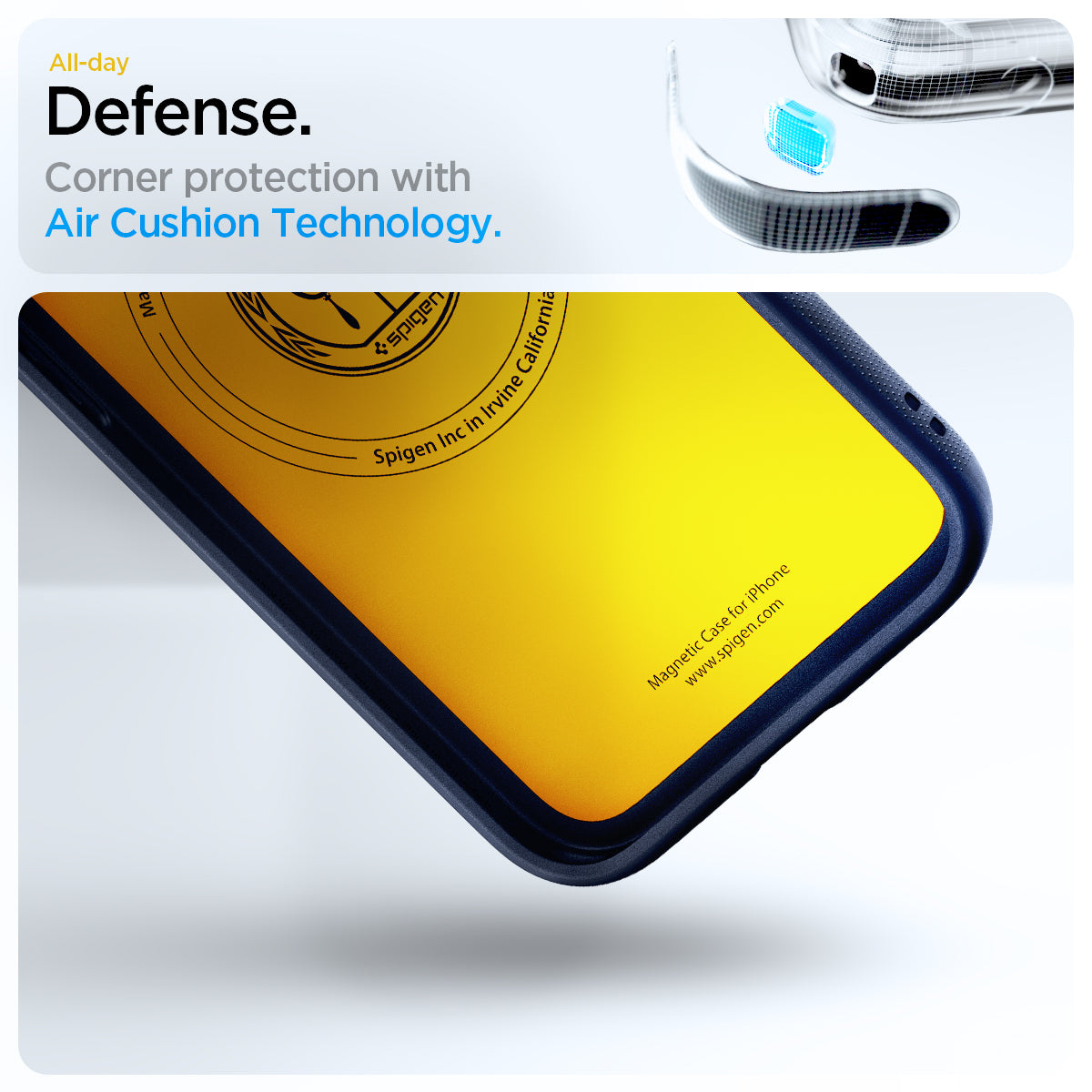 ACS09154 - iPhone 17e Case Nano Pop (MagFit) in Blueberry Navy showing the all-day defense. Corner protection with Air Cushion Technology
