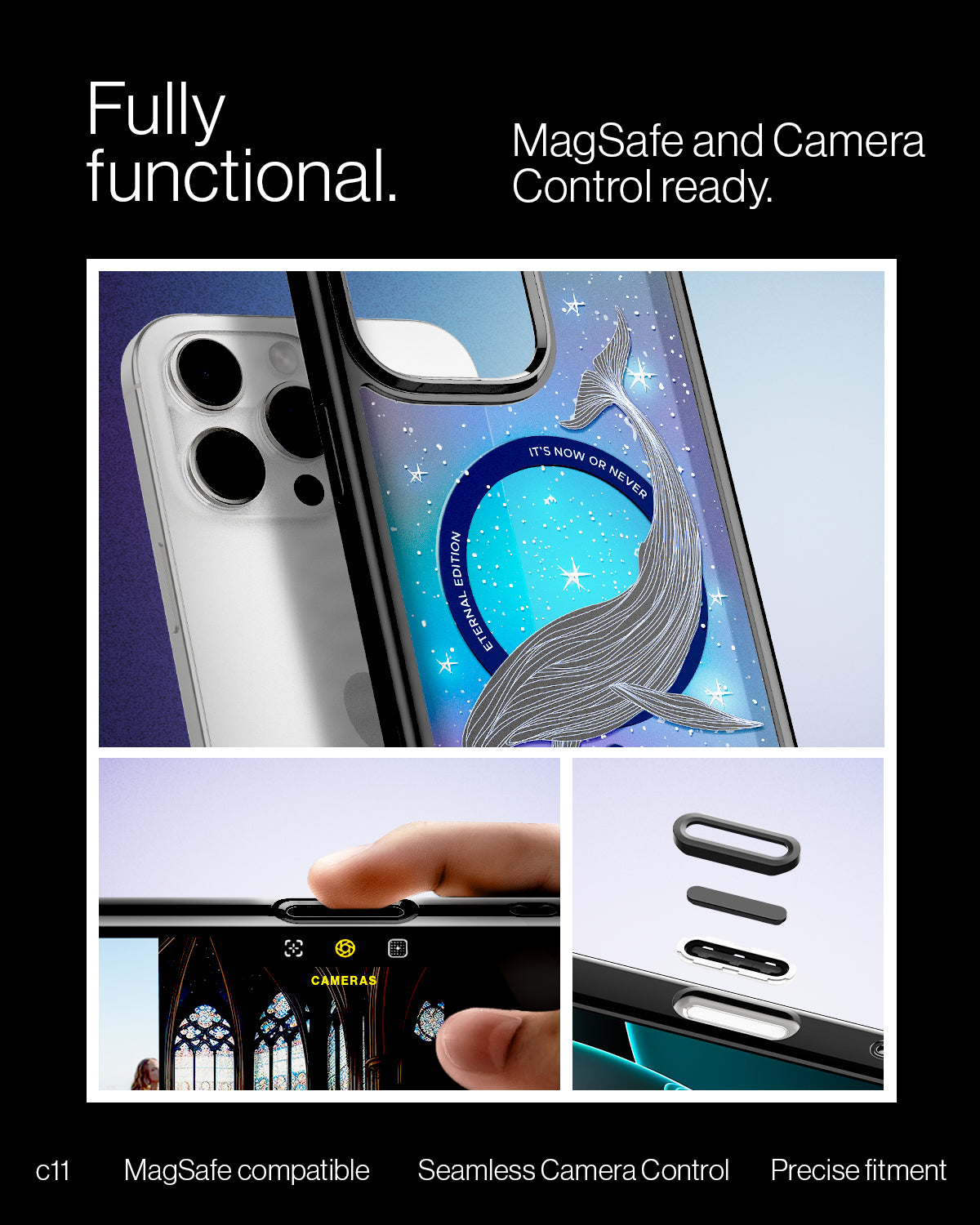 ACS09302 - iPhone 16 Pro Case c11 Series Eternal Edition (MagFit) in Eternal showing the fully functional. MagSafe and Camera Control ready. MagSafe compatible,  seamless camera control and precise fitment