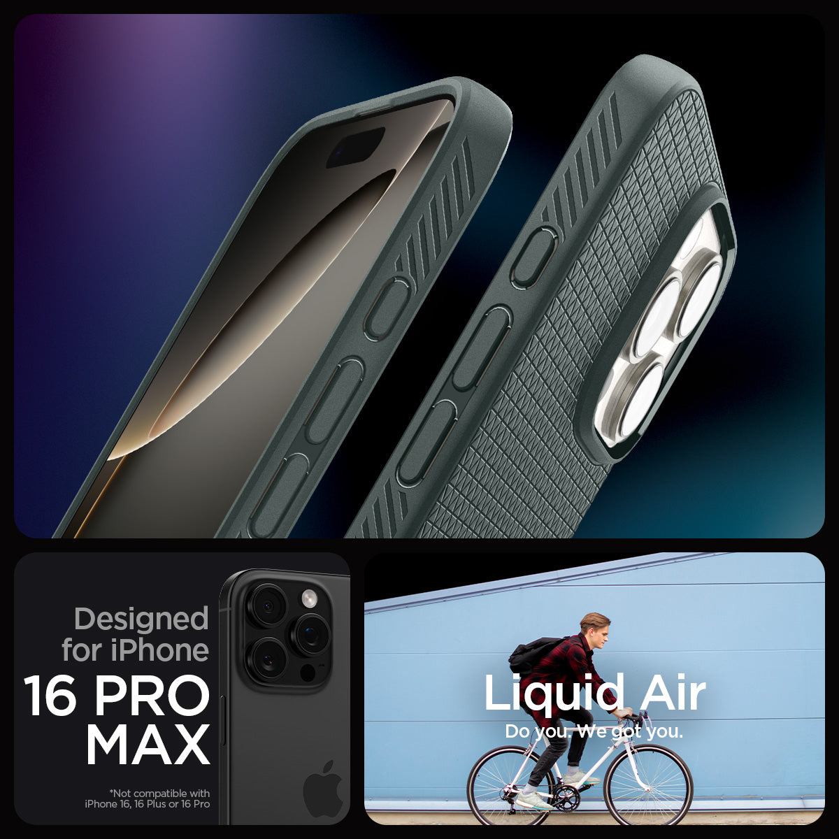 ACS07990 - iPhone 16 Pro Max Case Liquid Air in Abyss Green showing the compatibility designed for iPhone 16 Pro Max. Not compatible with iPhone 16, 16 Plus or 16 Pro