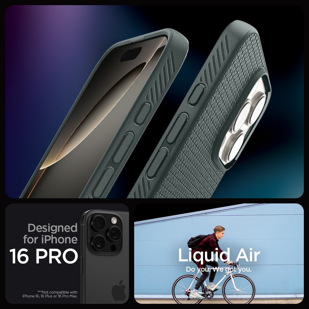 ACS08119 - iPhone 16 Pro Case Liquid Air in Abyss Green showing the compatibility designed for iPhone 16 Pro. Not compatible with iPhone 16, 16 Plus or 16 Pro Max