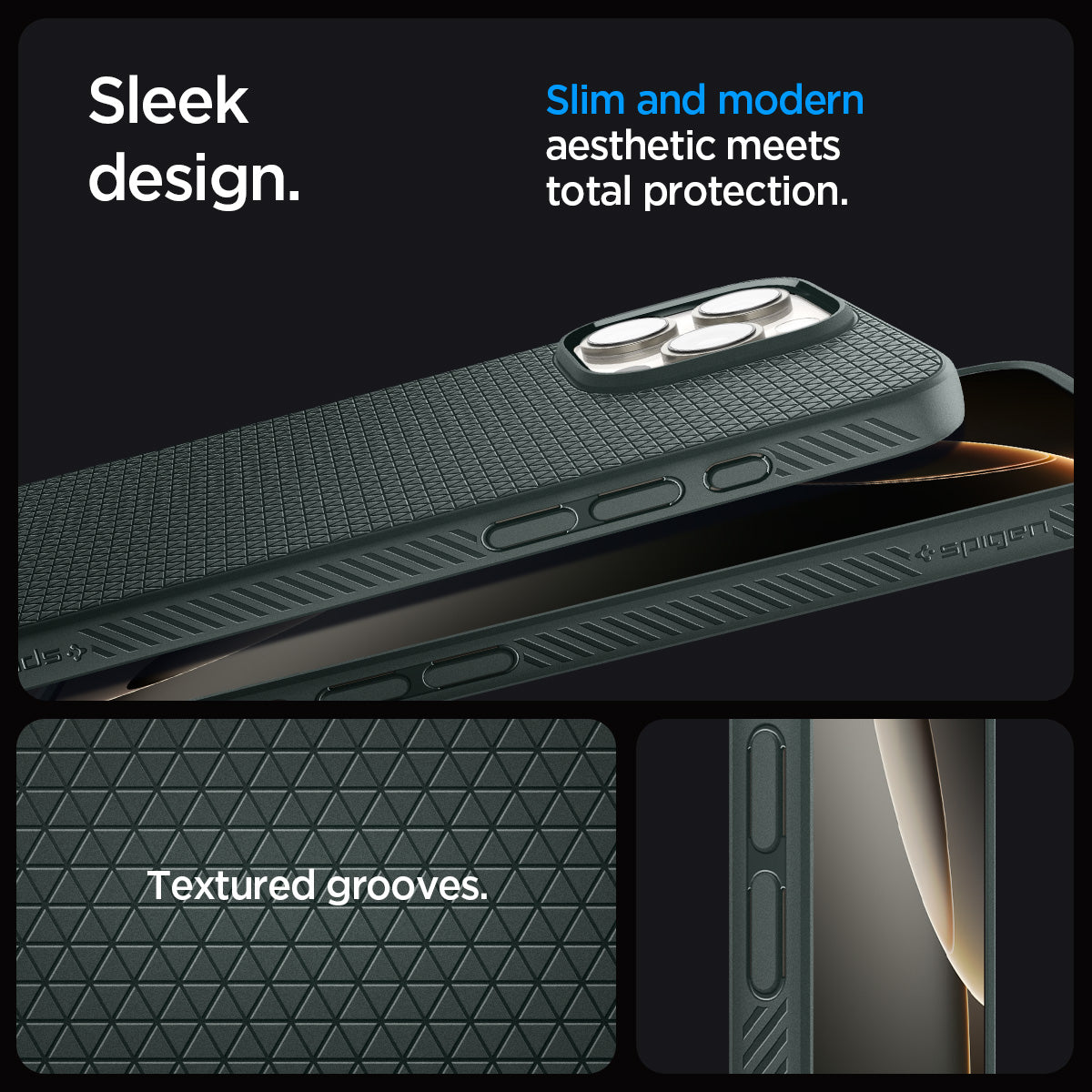 ACS08119 - iPhone 16 Pro Case Liquid Air in Abyss Green showing the sleek design. Slim and modern aesthetic meets total protection with textured grooves