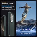 ACS08119 - iPhone 16 Pro Case Liquid Air in Abyss Green showing the all-around protection. Raised edges keep the screen  and camera scratch-free. Air Cushion Tech. Absorbs and mitigates all impacts in each corner