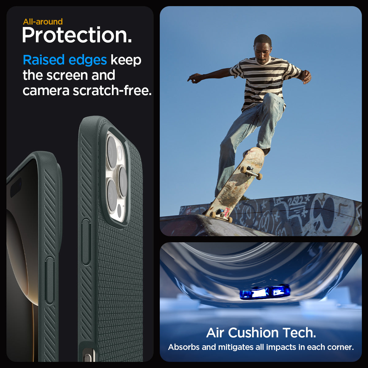 ACS08119 - iPhone 16 Pro Case Liquid Air in Abyss Green showing the all-around protection. Raised edges keep the screen  and camera scratch-free. Air Cushion Tech. Absorbs and mitigates all impacts in each corner