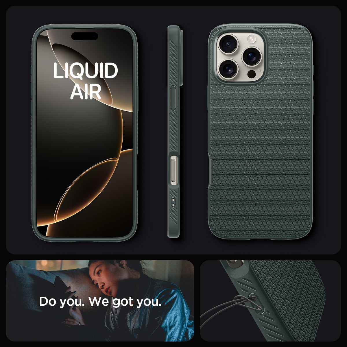 ACS08119 - iPhone 16 Pro Case Liquid Air in Abyss Green showing the different angles