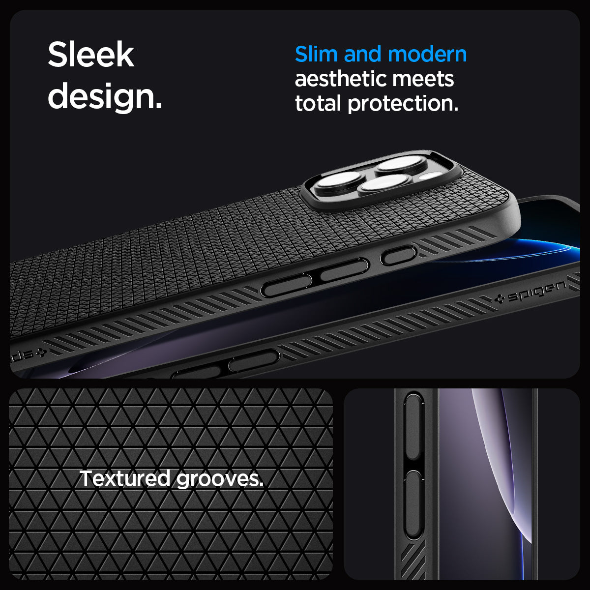 ACS07988 - iPhone 16 Pro Max Case Liquid Air in Matte Black showing the sleek design. Slim and modern aesthetic meets total protection with textured grooves