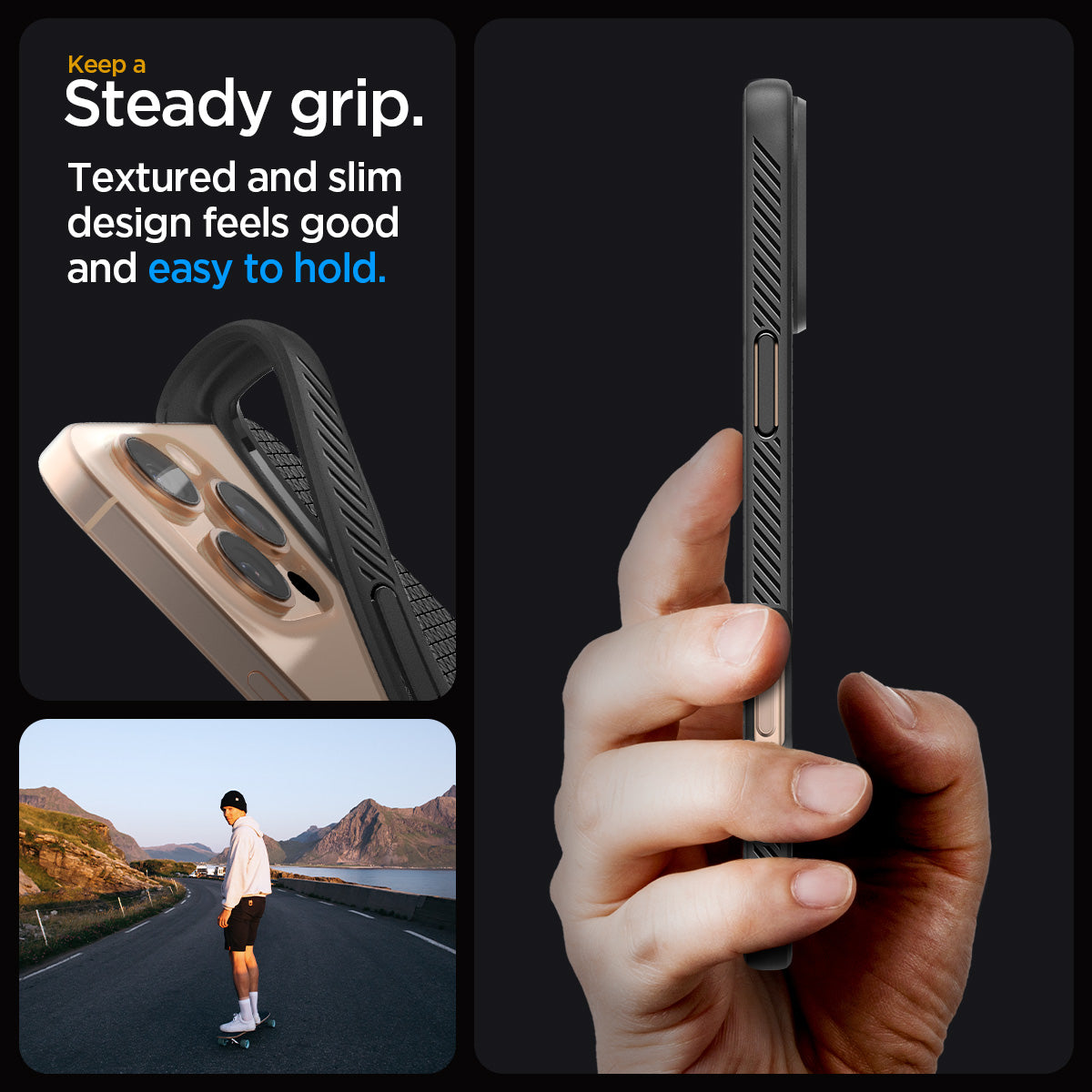 ACS08117 - iPhone 16 Pro Case Liquid Air in Matte Black showing the steady grip. Textured and slim design feels good and easy to hold