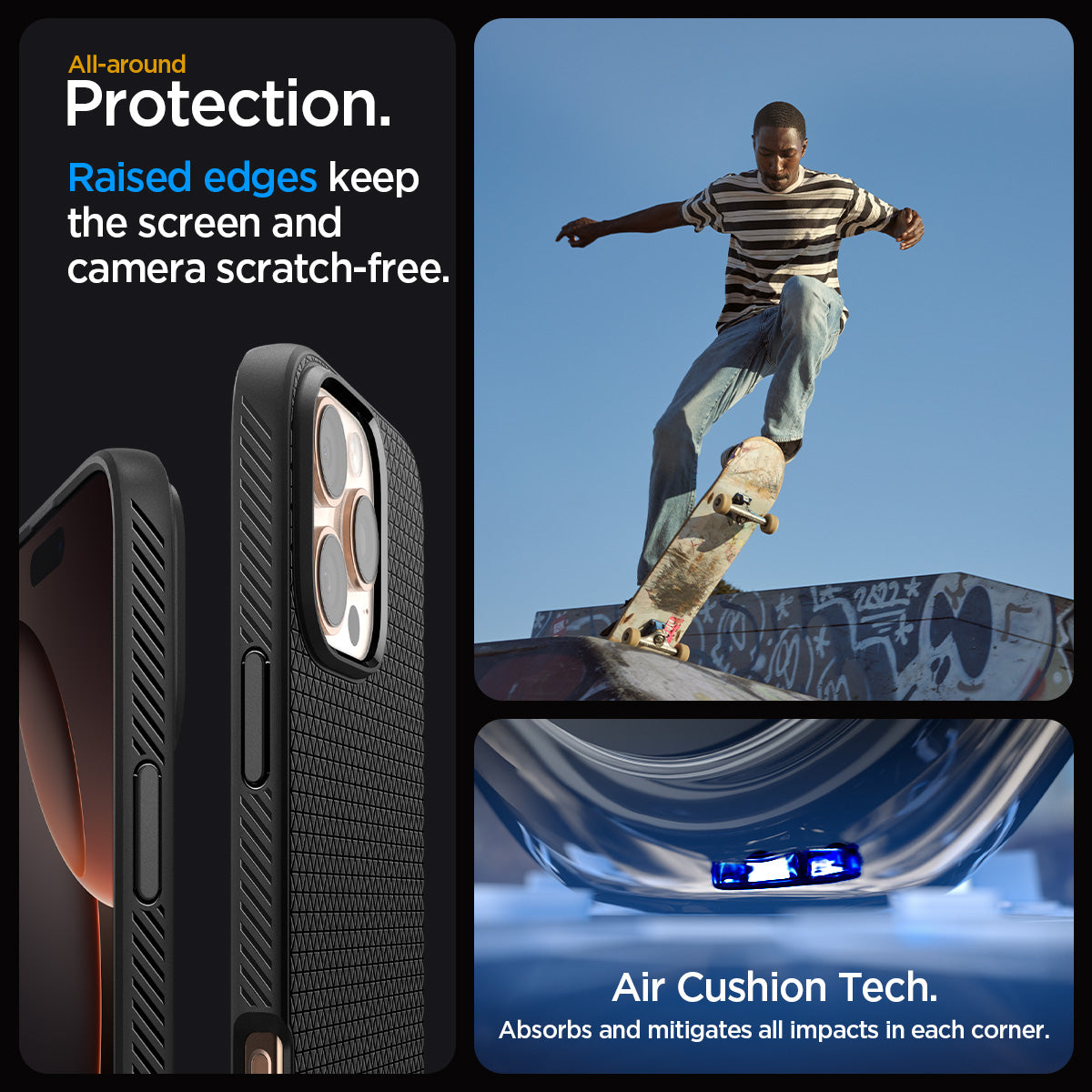 ACS08117 - iPhone 16 Pro Case Liquid Air in Matte Black showing the all-around protection. Raised edges keep the screen  and camera scratch-free. Air Cushion Tech. Absorbs and mitigates all impacts in each corner