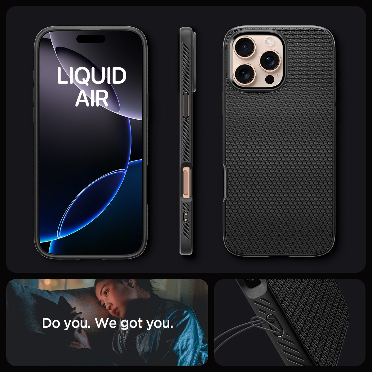 ACS08117 - iPhone 16 Pro Case Liquid Air in Matte Black showing the different angles