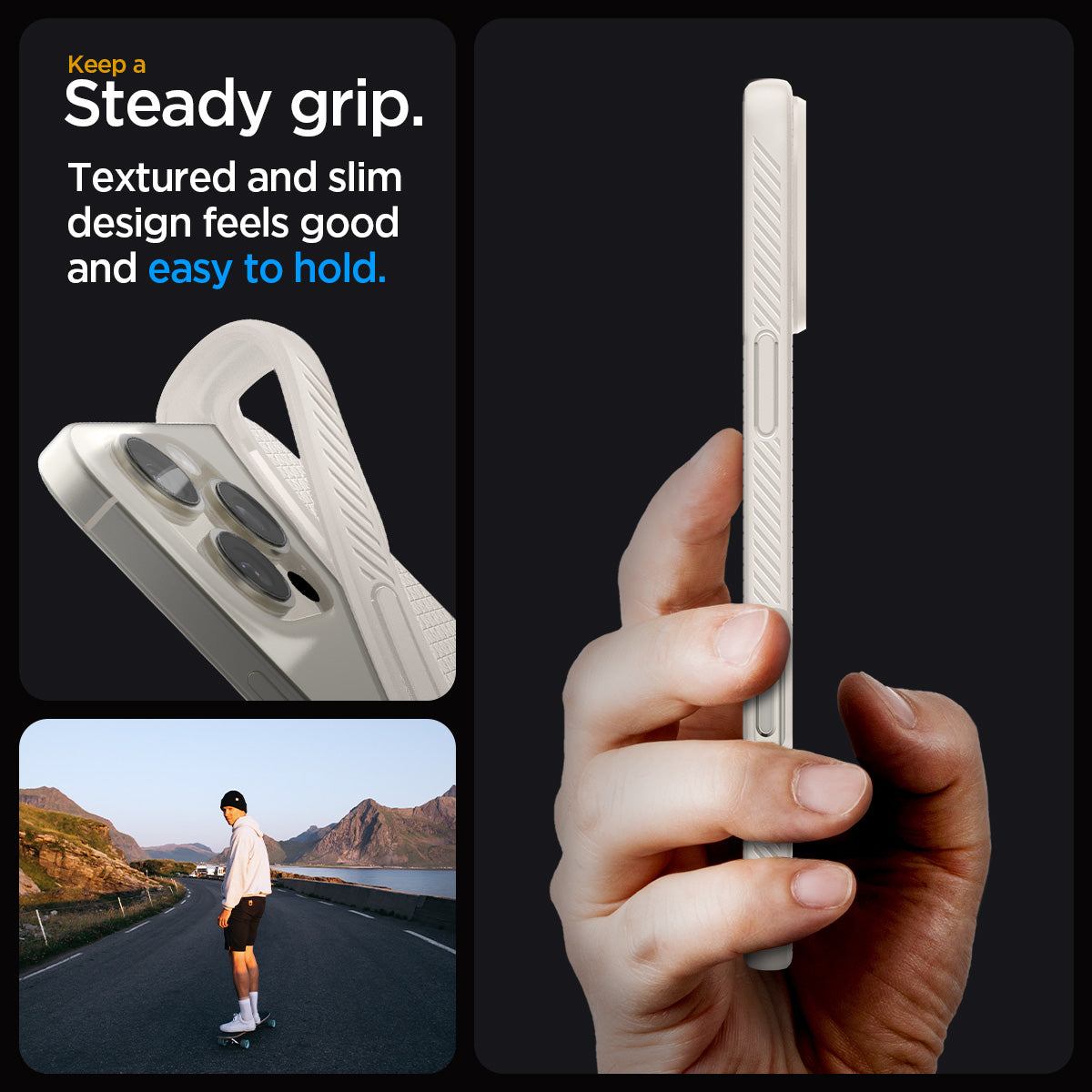ACS08120 - iPhone 16 Pro Case Liquid Air in Natural Titanium showing the steady grip. Textured and slim design feels good and easy to hold