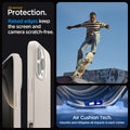 ACS08120 - iPhone 16 Pro Case Liquid Air in Natural Titanium showing the all-around protection. Raised edges keep the screen  and camera scratch-free. Air Cushion Tech. Absorbs and mitigates all impacts in each corner