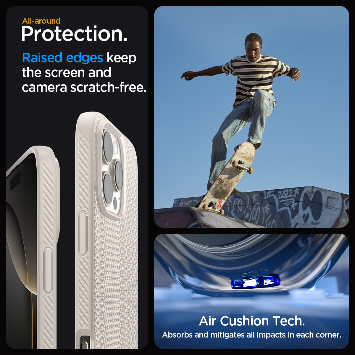 ACS08120 - iPhone 16 Pro Case Liquid Air in Natural Titanium showing the all-around protection. Raised edges keep the screen  and camera scratch-free. Air Cushion Tech. Absorbs and mitigates all impacts in each corner
