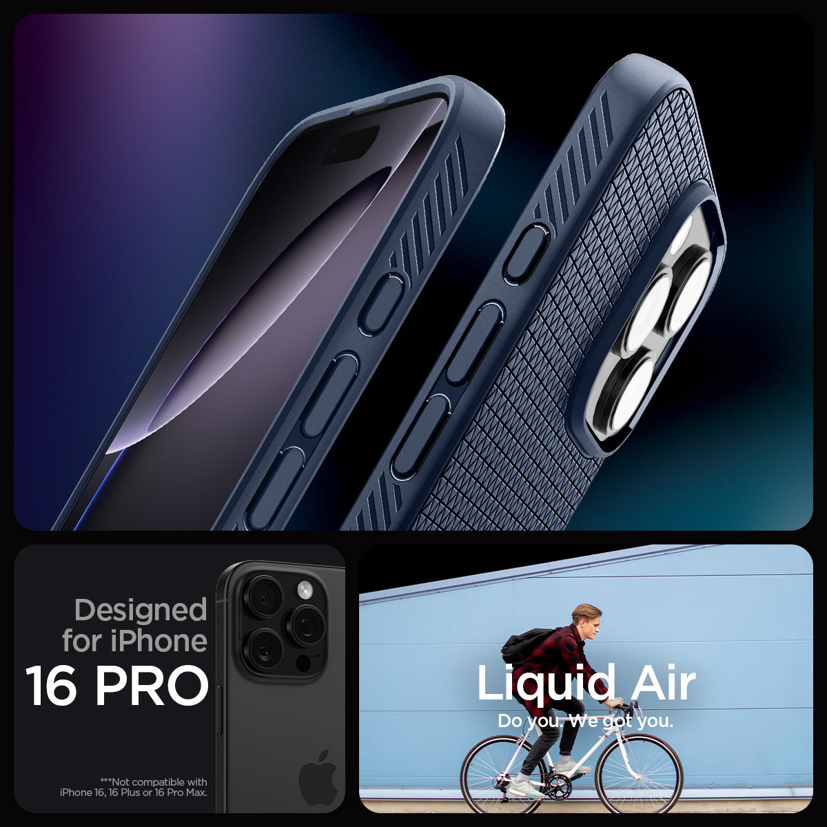 ACS08118 - iPhone 16 Pro Case Liquid Air in Navy Blue showing the compatibility designed for iPhone 16 Pro. Not compatible with iPhone 16, 16 Plus or 16 Pro Max
