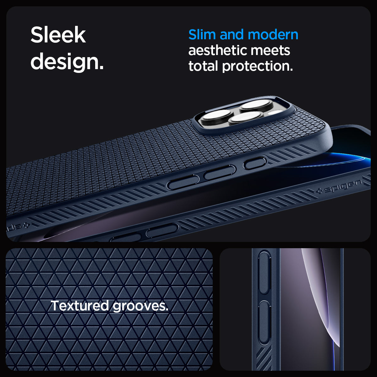 ACS08118 - iPhone 16 Pro Case Liquid Air in Navy Blue showing the sleek design. Slim and modern aesthetic meets total protection with textured grooves