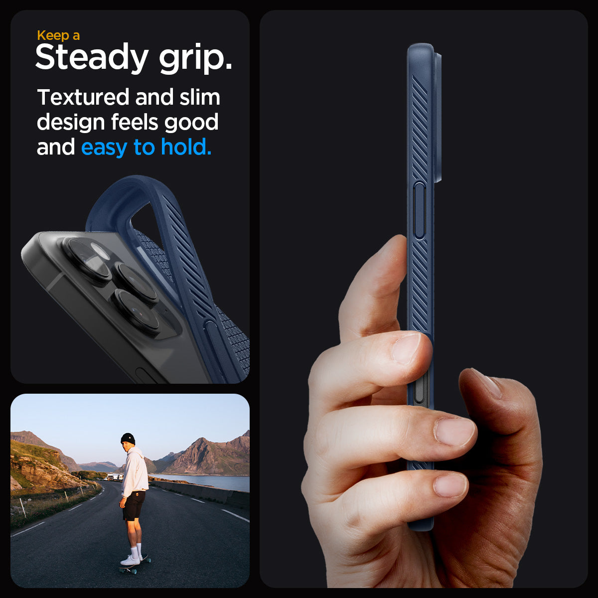 ACS07989 - iPhone 16 Pro Max Case Liquid Air in Navy Blue showing the steady grip. Textured and slim design feels good and easy to hold